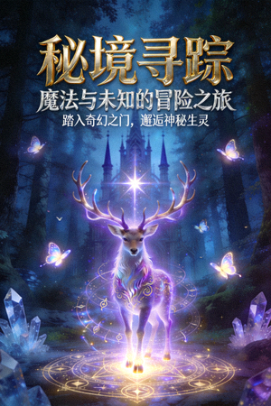 奇幻冒险电影海报，展示魔法世界与神秘生物的奇幻场景