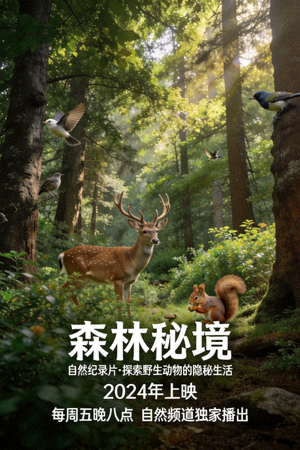 自然纪录片海报，展示野生动物在森林中的生动画面